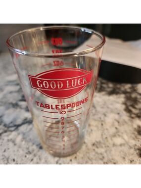 Vintage Clear Glass Red Lettering GOOD LUCK Measurements Glass